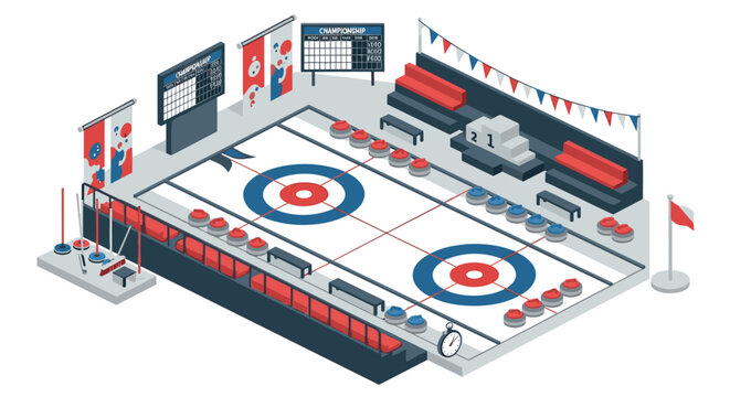 Isometric curling arena with detailed elements for sports enthusiasts