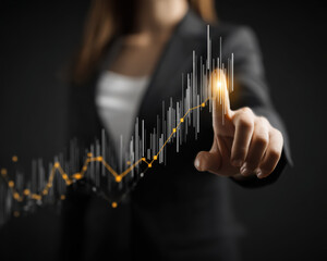 Businesswoman suit faceless finger touch hologram growth chart profit analytics finance glow optimism