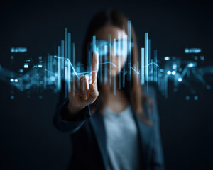 Futuristic businesswoman faceless portrait blazer augmented reality data analytics hologram chart blue glow finance technology focus