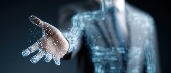 Futuristic handshake gesture business suit artificial intelligence concept digital particles technology partnership innovation trust collaboration
