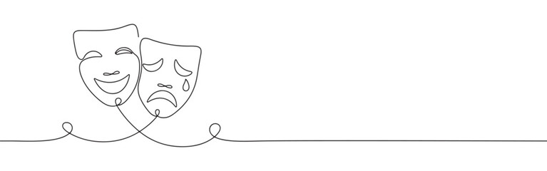 Continuous line drawing of comedy and tragedy masks, symbolizing the duality of theatre and human emotions, isolated on a white background.	