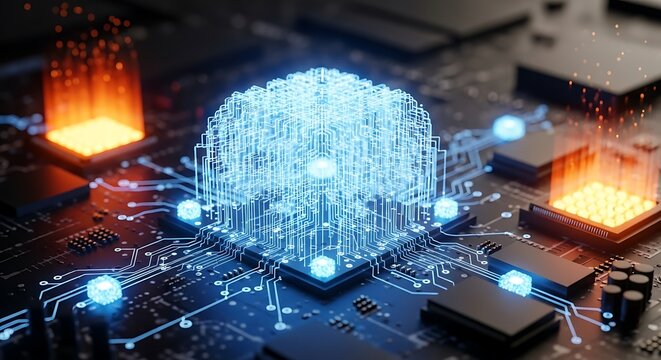 Advanced microchip with glowing neural network, representing artificial intelligence, machine learning, and cuttingedge technology in computer science
