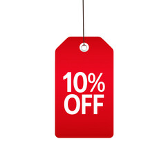 Red sale tag with white text 10% off on transparent background