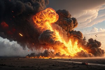 A massive explosion engulfs a field, sending flames and smoke into the sky