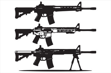 Three black silhouettes of modern ar 15 style assault rifles displayed