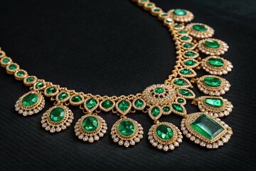 An ornate emerald and diamond necklace on a dark background, a luxurious piece