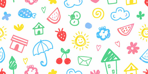 Colorful hand drawn doodles of summer icons and shapes on white background