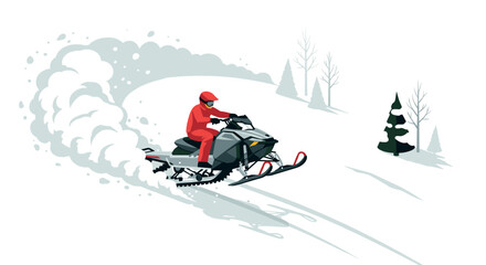 Snowmobile adventure in winter landscape with rider in red outfit