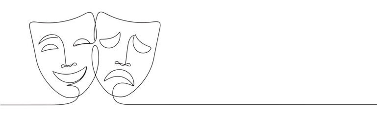 Continuous line drawing of comedy and tragedy masks, symbolizing the duality of theatre and human emotions, isolated on a white background.	