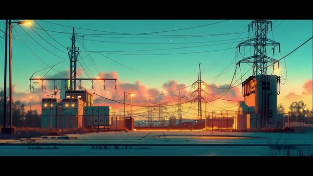 An electrical substation at sunset with a dense network of wires and transformers, reflecting the tense atmosphere of an industrial area. It can be used in materials on energy development, urbanisatio