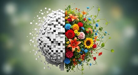 Conceptual brain hemisphere illustration a creative blend of logical, structured thinking and vibrant, colorful, floral creativity, symbolizing balance and innovation