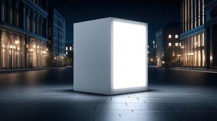 Bright illuminated cube standing in the middle of a dark city street at night with modern buildings and streetlights in the background
