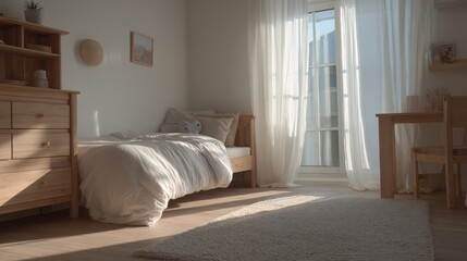 Bright and airy bedroom filled with soft light and cozy decor for relaxation and inspiration
