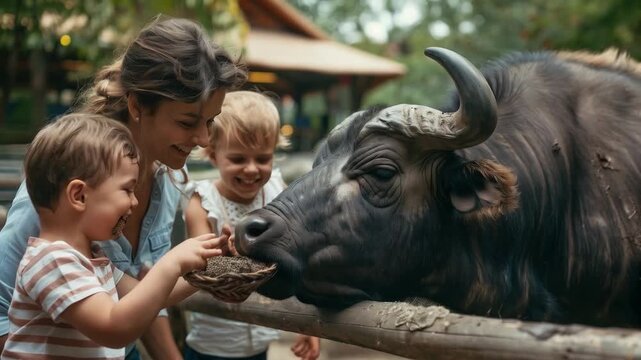 Children feed a water buffalo at a zoo or farm. Useful for articles about family holidays, zoos, children interacting with animals, educational programmes, and nature blogs.
