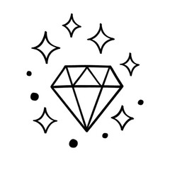 Outlined diamond with sparkles and dots in black line art, representing luxury, brilliance, and magical elegance