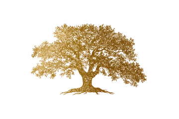 Golden, stylized oak tree silhouette.  A textured, golden-brown graphic of a broadleaf tree,  emphasizing the branches and trunk