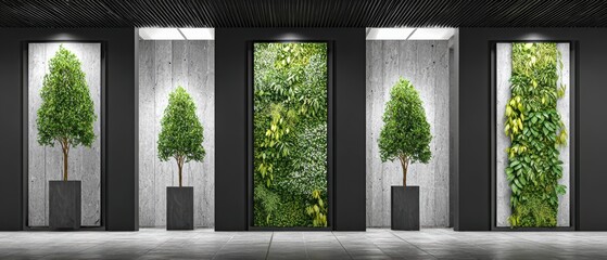 Modern interior corridor with large glass door framed by lush green plants and trees in minimalist space with natural light and gray walls