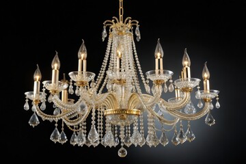 Elegant gold chandelier with crystal accents on a black background for a luxurious feel