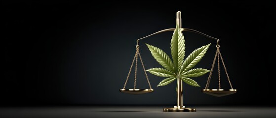 Scales of justice balanced with a cannabis leaf symbolizing legal issues and regulation in the cannabis industry