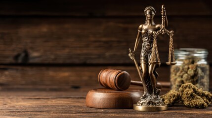 Close-up of a Brass Lady Justice Statue with Wooden Gavel and Cannabis Buds in Glass Jars on Dark Wooden Background