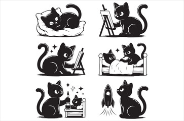 Black cats engaged in various human activities a whimsical illustration style