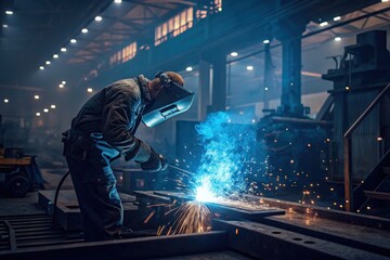 Welder working in a dark industrial setting with sparks flying during the welding process
