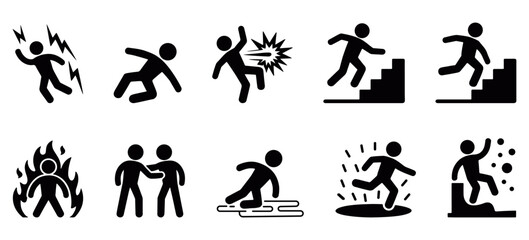 Silhouette stickman warning icon collection showing accident, danger, and injury situations, minimalist safety and hazard awareness vector illustration for caution, prevention, and instruction design 