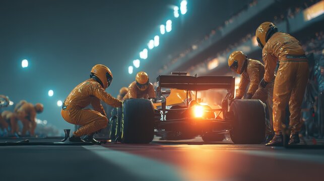 Pit crew teamwork during a thrilling night race in vibrant city conditions