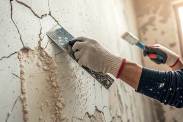 Craftsman repairing cracks on a wall with putty knife and brush in hand