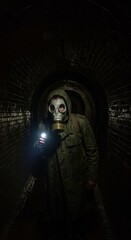 Figure wearing protective gear illuminates dark underground brick tunnel with handheld light