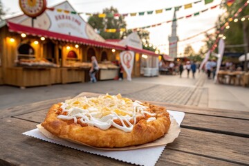 Langos, a traditional hungarian street food, on a wooden table at market