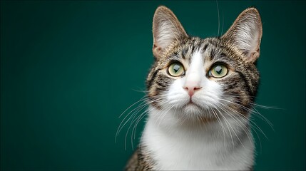 Close up portrait of a tabby cat with green eyes against a dark teal colored solid background