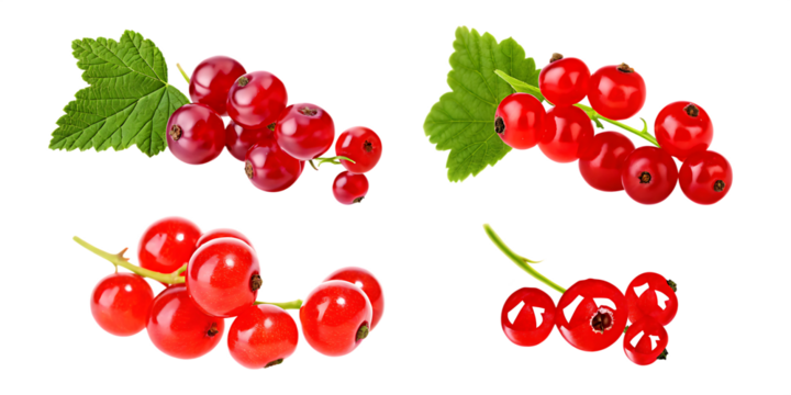 Four Arrangements of Red Currants with Green Leaves on Transparent Background berry isolated on a transparent background