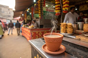 Cup of tea on a street food stall in india with steam rising