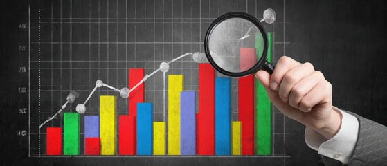 Detailed chart analysis showing financial growth graph with colorful bars and magnifying glass for data inspection and visualization