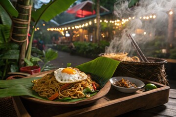 Delicious noodles with fried egg served on banana leaf in a tropical setting