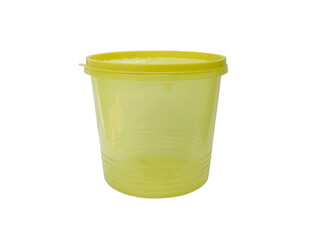 Empty yellow plastic jar container with lid isolated on transparent