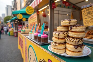 A delightful display of donuts and colorful drinks at a bustling street food stall