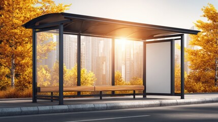 Modern bus stop shelter with glass walls and roof providing seating and protection with autumn trees and sunset background
