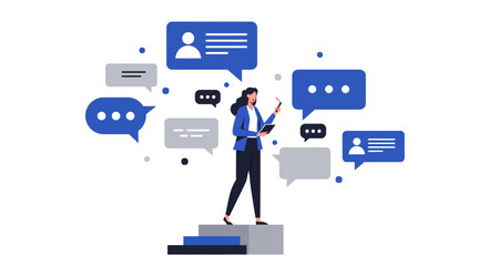 Businesswoman Presenting Ideas with Speech Bubbles Illustration.