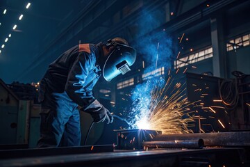 Welder at work in a dark factory with sparks flying and smoke filling the air