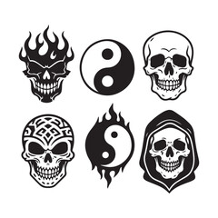 Set of Skull Tattoo Designs in Tribal, Realistic, and Symbolic Vector Styles.