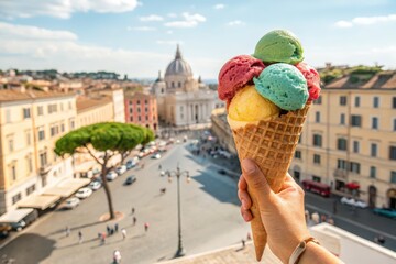 Hand holding ice cream cone with rome cityscape in the background on sunny day