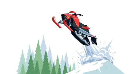 Dynamic snowmobile jumping over snowy hill on a winter adventure