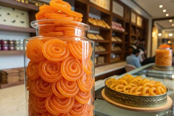 Closeup of a jar filled with delicious jalebi at a sweet shop counter