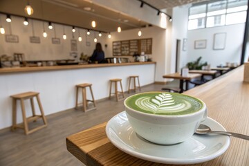 Matcha latte art on a wooden table in a bright and modern coffee shop