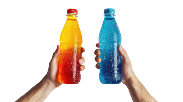 Two hands holding colorful drink bottles isolated on transparent background