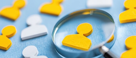 Close up of a yellow human figure puzzle piece viewed through a magnifying glass on a blue background with additional interlocking puzzle pieces