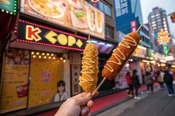 Korean corn dogs with sauce in a street food setting at night time