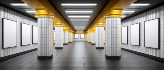 Modern station interior with white tiled walls tall columns and bright lighting clean architectural design